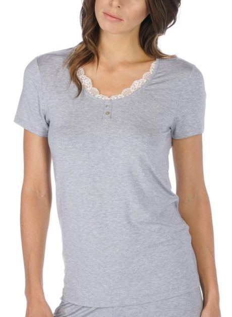 MEY Jana Homewear Shirt 1/2 Arm mit Rundhalsausschnitt mit dekorativer Spitze hellgrau-melange weichstes MicroModal® vorne